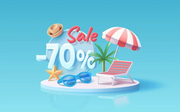Summer Time Banner Sale Percentage Beach Umbrella Lounger Relaxation Sunglasses — Stock Vector