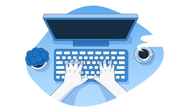 Hands Working Computer Keyboard Home Office Development Freelancing Concept Vector — Stock Vector