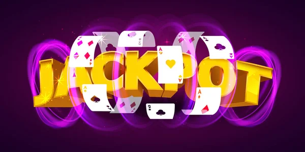 Jackpot Palavra Dourada Com Brilho Mágico Cartas Poker Voador Ilustração — Vetor de Stock