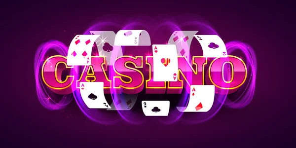 Palabra Casino Con Brillo Mágico Volando Cartas Póquer Ilustración Vectorial — Vector de stock