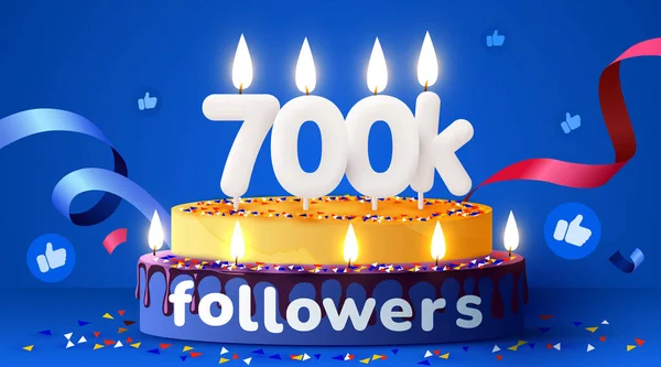 70万或70万追随者谢谢你 社交网络的朋友 追随者 订户和喜欢者 生日蛋糕加蜡烛矢量说明 — 图库矢量图片