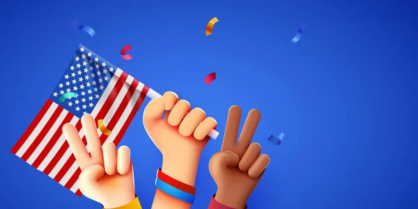 Hisste Multirassische Hände Mit Usa Flagge Juli Feierlichkeiten Zum Unabhängigkeitstag — Stockvektor