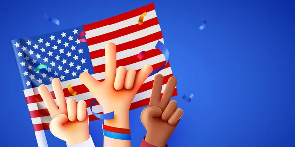 Hisste Multirassische Hände Mit Usa Flagge Juli Feierlichkeiten Zum Unabhängigkeitstag — Stockvektor