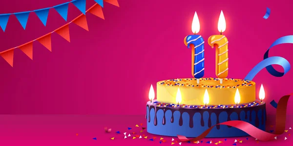 11周年纪念日 用燃烧的蜡烛和意大利面做的蛋糕 生日横幅 矢量说明 — 图库矢量图片