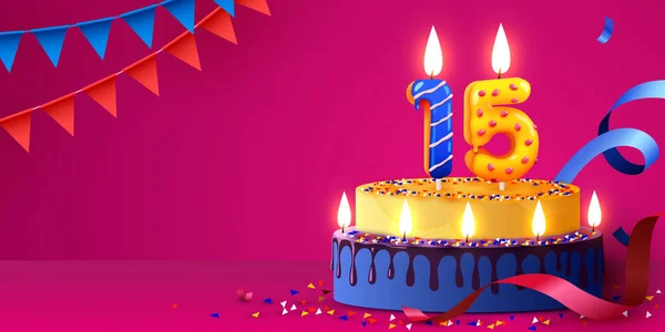 Vijftien Jaar Taart Met Brandende Kaarsen Confetti Verjaardags Spandoek Vectorillustratie — Stockvector