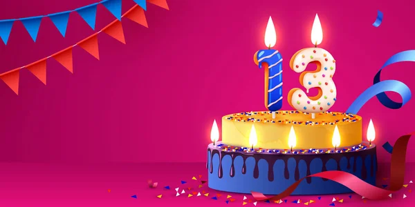 13周年 火のろうそくとコンフェッティでケーキ 誕生日のバナー ベクターイラスト — ストックベクタ