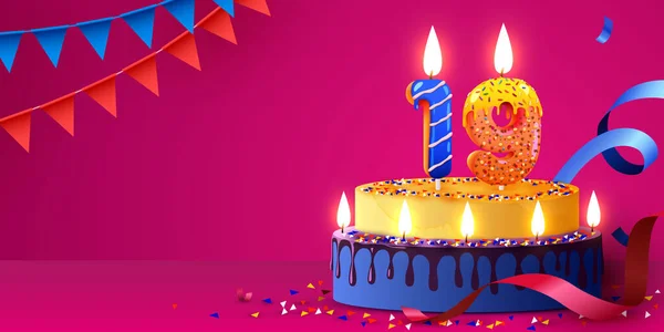 19周年纪念日 用燃烧的蜡烛和意大利面做的蛋糕 生日横幅 矢量说明 — 图库矢量图片