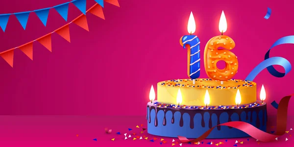 16周年纪念日 用燃烧的蜡烛和意大利面做的蛋糕 生日横幅 矢量说明 — 图库矢量图片