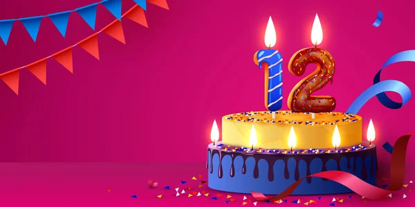 12周年だ 火のろうそくとコンフェッティでケーキ 誕生日のバナー ベクターイラスト — ストックベクタ
