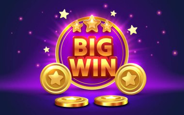 Kumarhane Büyük Kazanç, büyük ikramiye afişi, kazanan madeni paralar, özel uçucu altın ödülü. Vektör