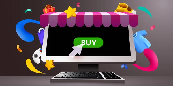 Počítačový Monitor Markýzou Online Nakupování Commerce Koncept Vektorová Ilustrace — Stockový vektor