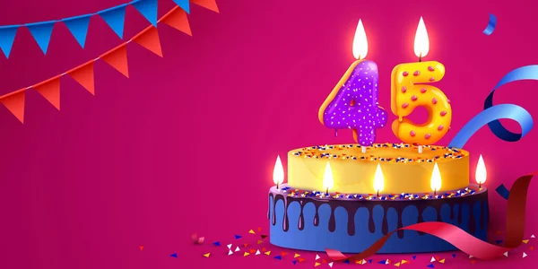 45周年纪念日 用燃烧的蜡烛和意大利面做的蛋糕 生日横幅 矢量说明 — 图库矢量图片