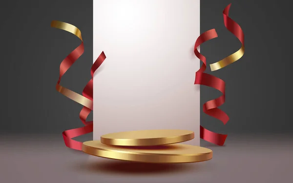 Abstracte Achtergrond Cilinder Podium Achtergrond Met Confetti Linten Productpresentatie Modelleren — Stockvector