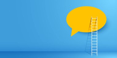 Sohbet balonuna giden merdivenler. İletişim konsepti. Vektör illüstrasyonu