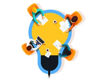 Bir grup iş adamı ampul sembolü şeklinde bir masada oturuyorlar. Beyin fırtınası konsepti. Vektör illüstrasyonu