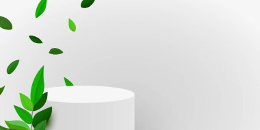 Abstract eco scene background. Cylinder podium with leaves. Product presentation, mock up, show natural cosmetic product. Podium, stage pedestal or platform. Vector illustration