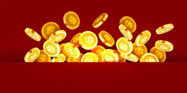 コインの落下 お金の落下 金の硬貨の飛行 黄金の雨 ジャックポットや成功の概念 近代的な背景 ベクターイラスト — ストックベクタ