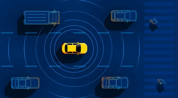 Mobil Dengan Autopilot Bergerak Sepanjang Jalan Konsep Masa Depan Dan - Stok Vektor
