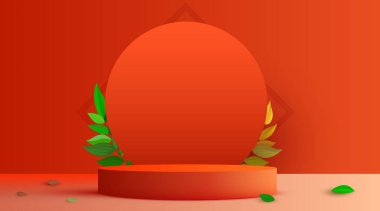 Abstract eco scene background. Cylinder podium with leaves. Product presentation, mock up, show natural cosmetic product. Podium, stage pedestal or platform. Vector illustration