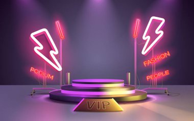 Elektro sahne mega satışı, tehlikeli podyum afişi, neon gece kaidesi. Vektör illüstrasyonu