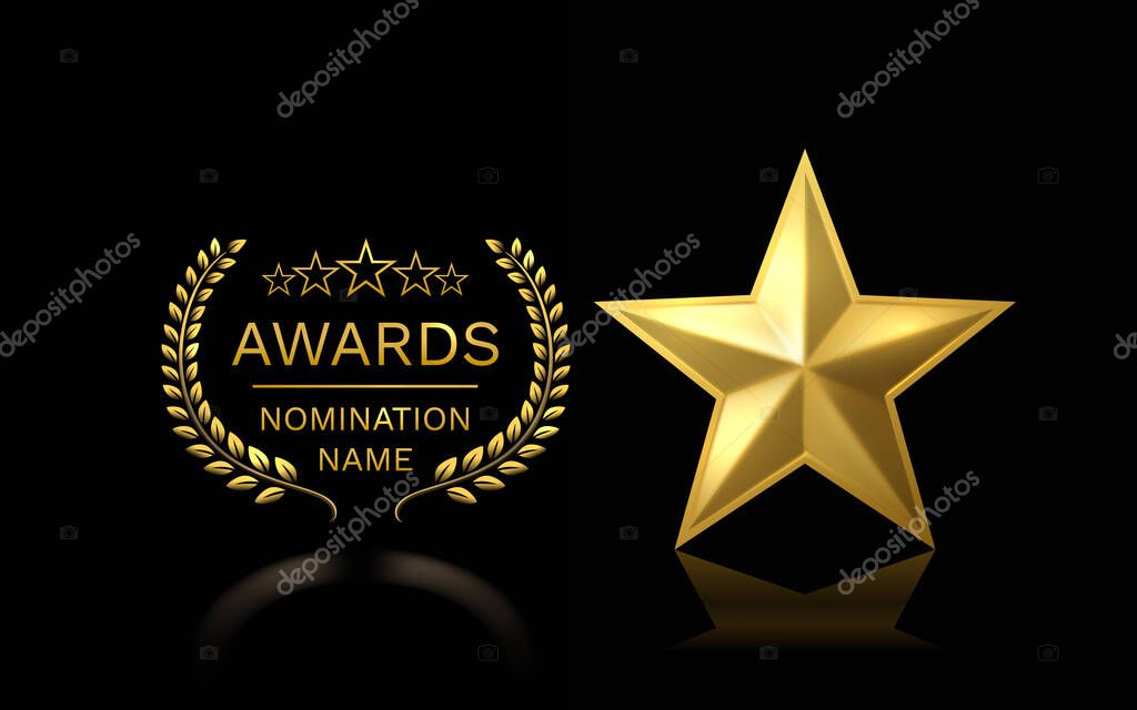 Awards nomination name podium, golden prize event, scene star ceremony. Vector illustration