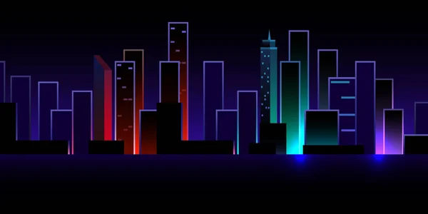 Futuristic Night City Cityscape Dark Background Glowing Neon Lights Cyberpunk — Stock Vector