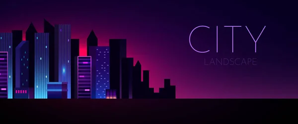 未来のナイトシティ 光るネオンライトで暗い背景のシティスケープ サイバーパンクとレトロウェーブスタイルイラスト — ストックベクタ