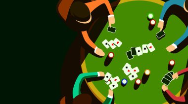 Bir grup insan karanlık bir odada yuvarlak bir masada poker oynuyor. Kumarhane ve kart oyunları kavramı. Vektör illüstrasyonu