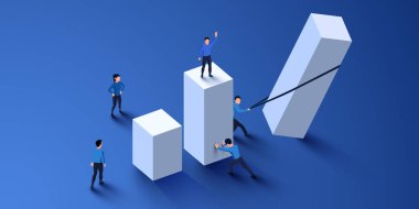 Finansal analitik kavramı. İnsan grubuyla üç boyutlu çizelge. Vektör illüstrasyonu