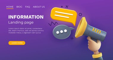 Megafon iniş sayfası afiş bilgileri, iş iletişimi. Vektör illüstrasyonu