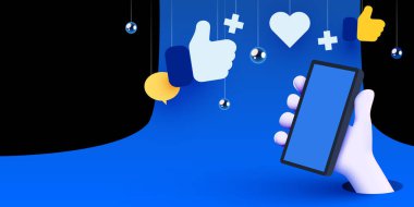 İçinde bilgilendirme simgeleri olan cep telefonu tutan sevimli bir çizgi film karakteri. Sosyal medya ve pazarlama kavramı. Vektör illüstrasyonu