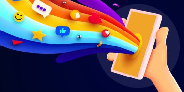 Telefonu iki elinle tut. Telefon maketi. Renk patlaması. Parlak poster. Vektör illüstrasyonu