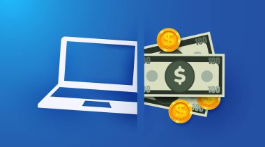 Kağıt dizüstü bilgisayar ve para. Elektronik endüstrisi kavramı. Bilgisayar almak için. Vektör illüstrasyonu