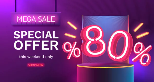 Mega Sale Special Offer Neon Sale Banner Sign Board Promotion — Stock Vector