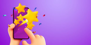 Kullanıcı mobil uygulamaya mükemmel bir not verir. Akıllı telefon ve derecelendirme yıldızıyla çizgi film elleri. Vektör illüstrasyonu