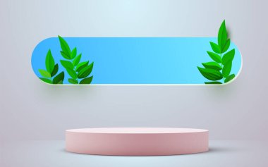 Abstract eco scene background. Cylinder podium with leaves. Product presentation, mock up, show natural cosmetic product. Podium, stage pedestal or platform. Vector illustration