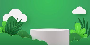 Abstract eco scene background. Cylinder podium with leaves. Product presentation, mock up, show natural cosmetic product. Podium, stage pedestal or platform. Vector illustration
