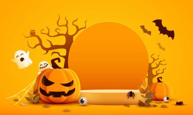 Halloween orange product display podium with pumpkins, bats and ghosts. Vector illustration clipart