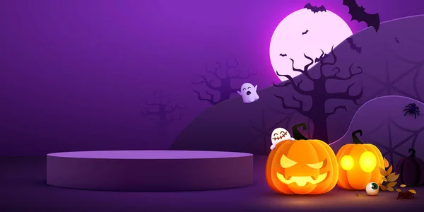 Présentoir Produits Halloween Podium Avec Citrouilles Chauves Souris Fantômes Illustration — Image vectorielle