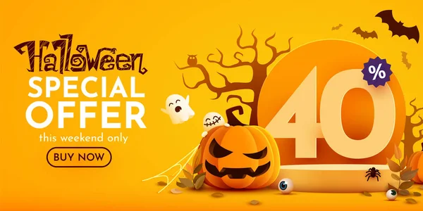 Sleva Halloween Prodejní Banner Šablona Pódium Čísla Množstvím Slevy Speciální — Stockový vektor