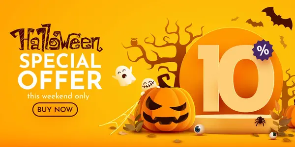 Sleva Halloween Prodejní Banner Šablona Pódium Čísla Množstvím Slevy Speciální — Stockový vektor