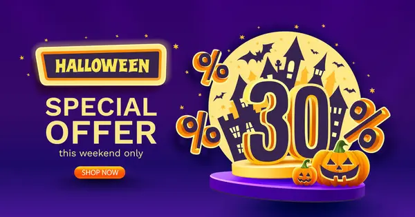 Percents Halloween Sale Banner Template Podium Numbers Amount Discount Special — Stock Vector