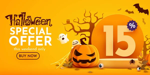 Cento Meno Modello Banner Vendita Halloween Podio Numeri Con Quantità — Vettoriale Stock