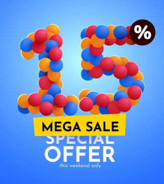 15 percent Off. Discount creative composition. Mega Sale. Vector illustration.