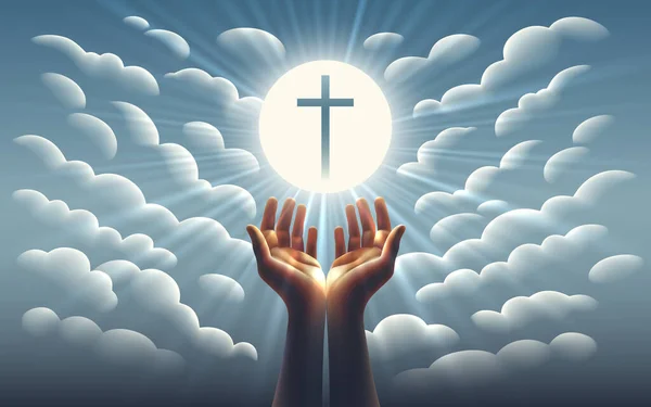 Religiöse Karte Hände Auf Dem Hintergrund Des Sonnenuntergangs Christliches Kreuz — Stockvektor