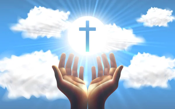 Náboženská Karta Ruce Pozadí Západu Slunce Křesťanský Kříž Vektor — Stockový vektor