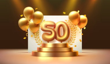 Doğum günü yıldönümü, 50 numara altın balonlarla podyumda. Vektör