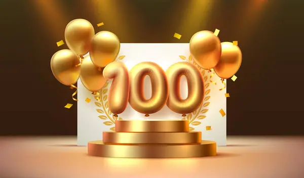 Anniversary Birthday Number 100 Podium Golden Balloons Vector — Stock Vector