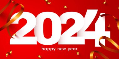 Mutlu yıllar 2024. Konfetili 2024 numaralı tatil sayısı. Bayram posteri ya da afiş tasarımı. Vektör illüstrasyonu