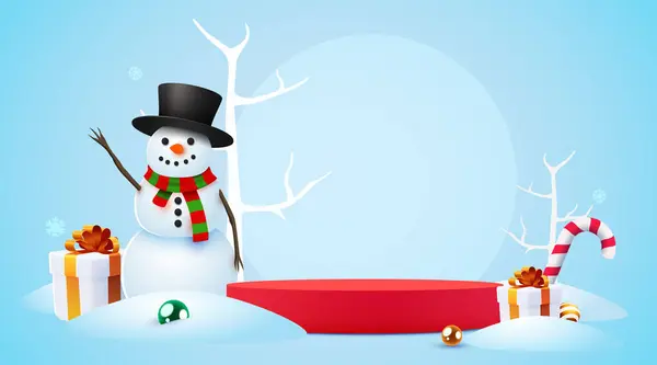 Winter Landscape Snowy Background Product Banner Podium Platform Snowman Present — Stock Vector